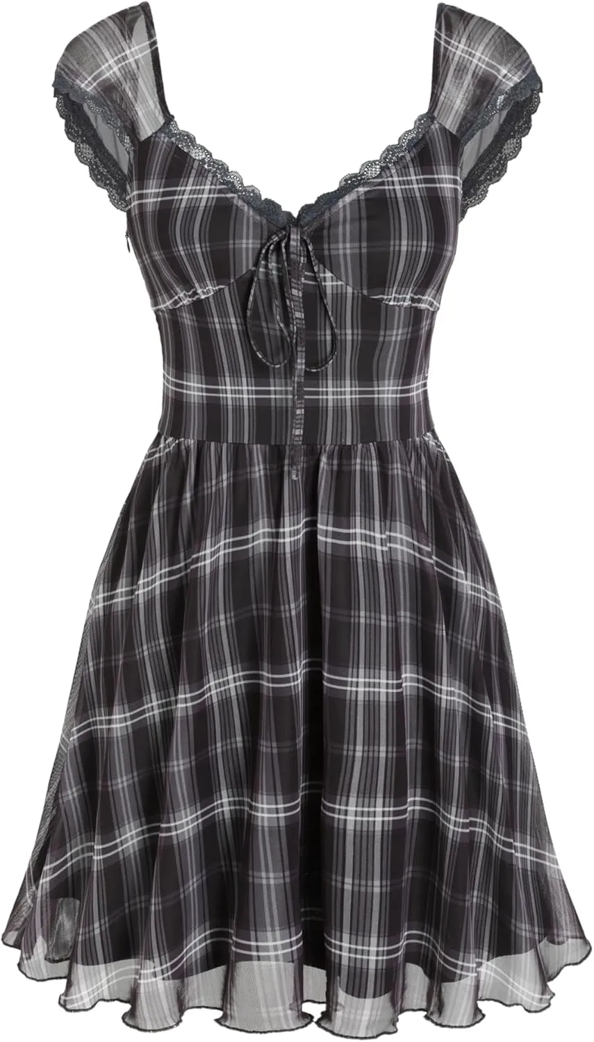 CIDER Women's Gingham Mini Dress Summer Sundress Casual V Neck Flowy Cute Teen Short Seelve Ruffle Dress