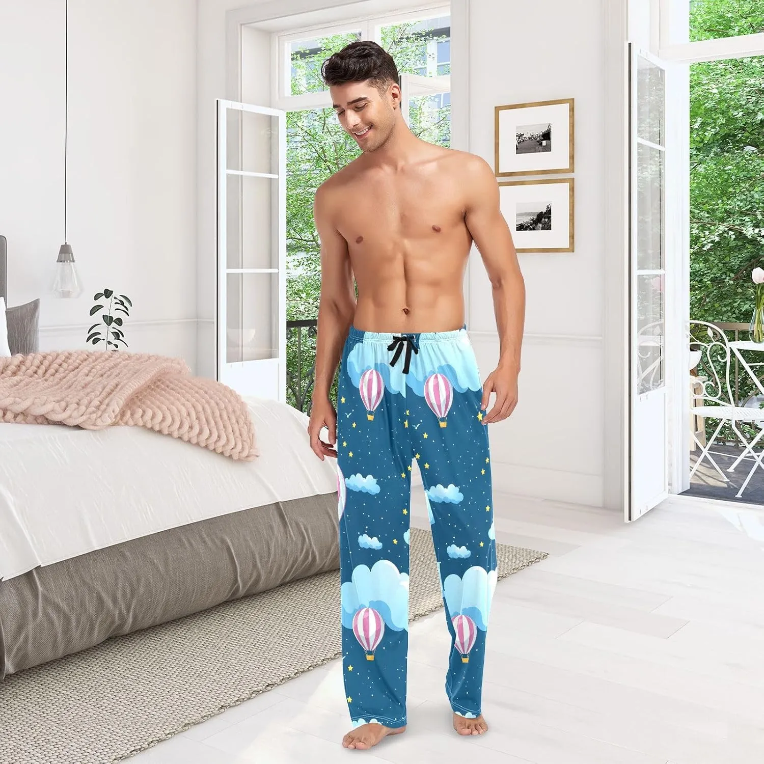 Clouds Colorful Hot Air Balloon Men's Pajama Pants Lightweight Sleepwear Bottom Lounge Pants
