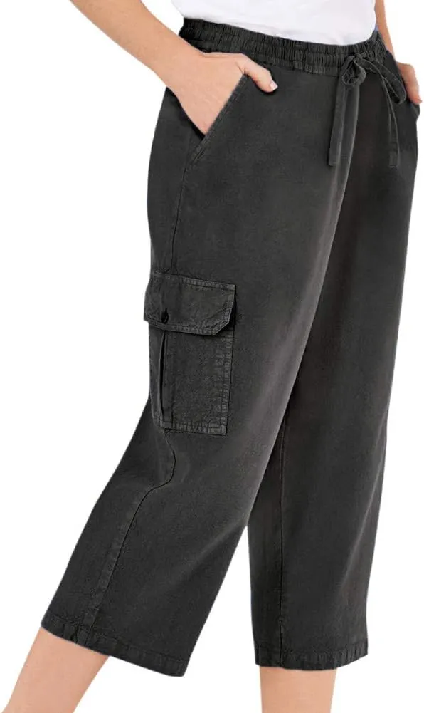 Collections Etc Elastic Waist Cargo Pocket Capri Pant