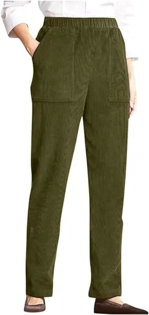 Corduroy Pants for Women Elastic High Waist Pull On Straight Leg Slacks Casual Fall Trousers with Pockets