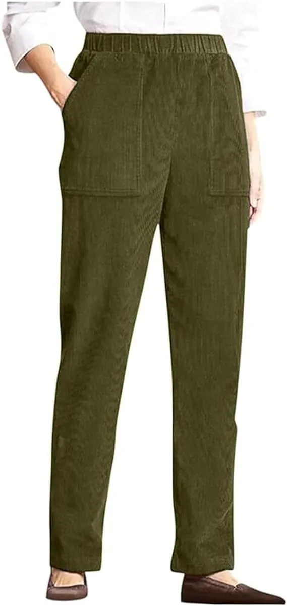 Corduroy Pants for Women Elastic High Waist Pull On Straight Leg Slacks Casual Fall Trousers with Pockets