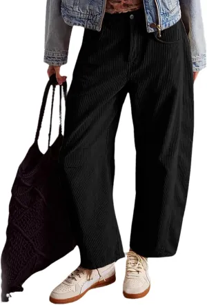 Corduroys Harem Pants for Women Vintage Elastic Waist Mid Rise Pants Loose Fit Cropped Baggy Trousers with Pockets