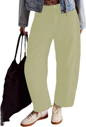 Corduroys Harem Pants for Women Vintage Elastic Waist Mid Rise Pants Loose Fit Cropped Baggy Trousers with Pockets