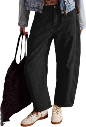 Corduroys Harem Pants for Women Vintage Elastic Waist Mid Rise Pants Loose Fit Cropped Baggy Trousers with Pockets