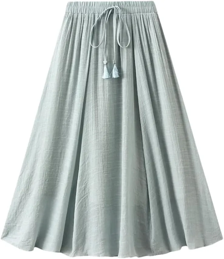 Cotton Linen Double Layered Midi Skirt for Women High Waisted Solid Color Lace Up Long Skirts