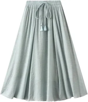 Cotton Linen Double Layered Midi Skirt for Women High Waisted Solid Color Lace Up Long Skirts