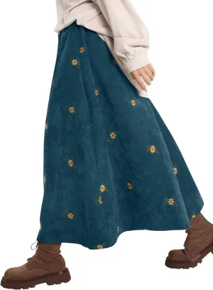 COZYPOIN Womens Corduroy Long Skirt Spring Fall Embroidery Floral A-Line Skirt Vintage Elastic High Waist Ruffle Maxi Skirt