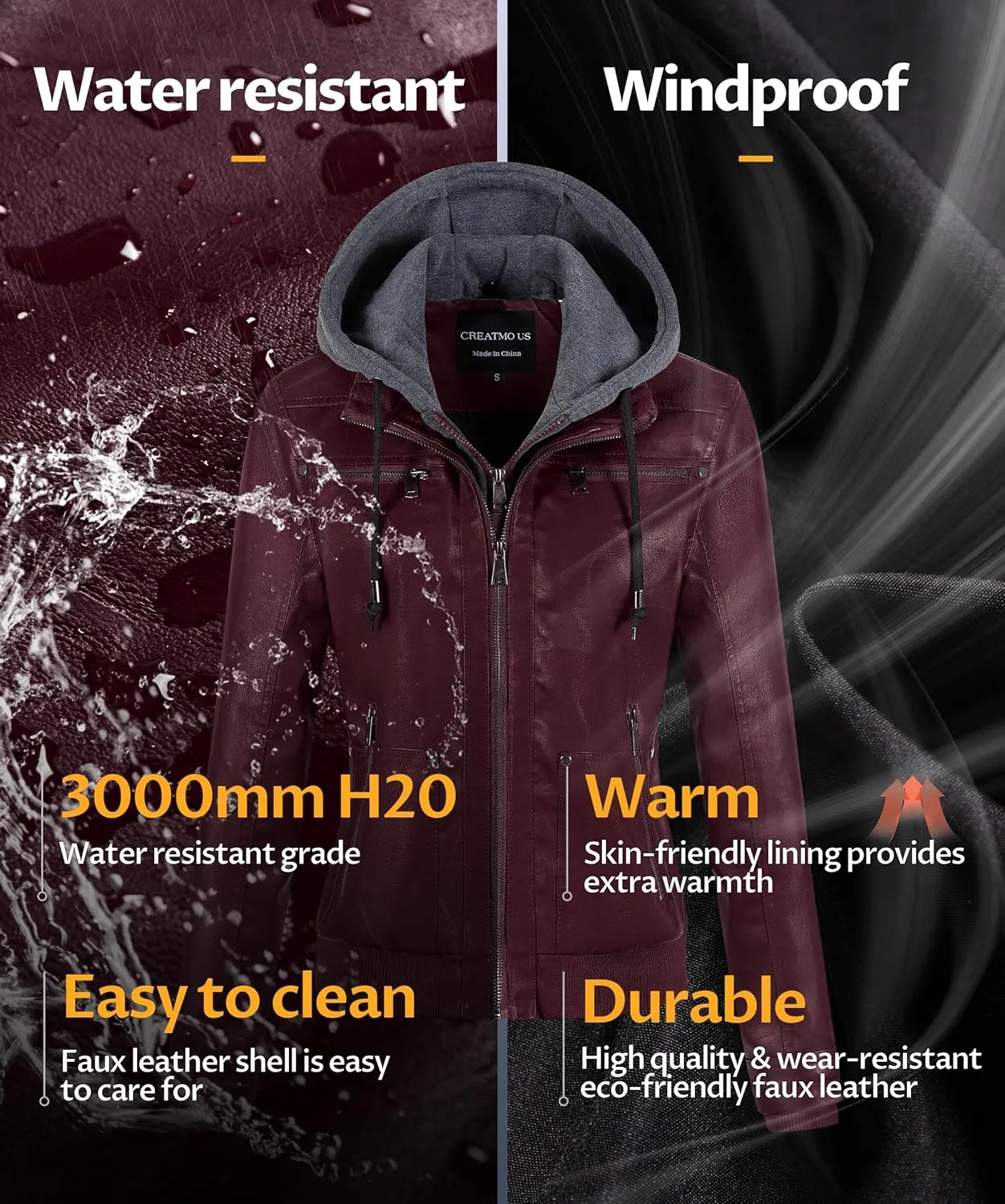 CREATMO US Women's Faux Leather Jacket Waterproof Motorcycle Bomber Jacket Vintage PU Moto Biker Coat With Removable Hood