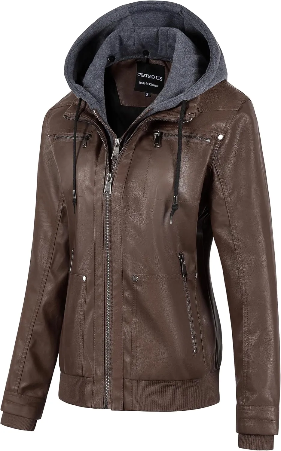 CREATMO US Women's Faux Leather Jacket Waterproof Motorcycle Bomber Jacket Vintage PU Moto Biker Coat With Removable Hood