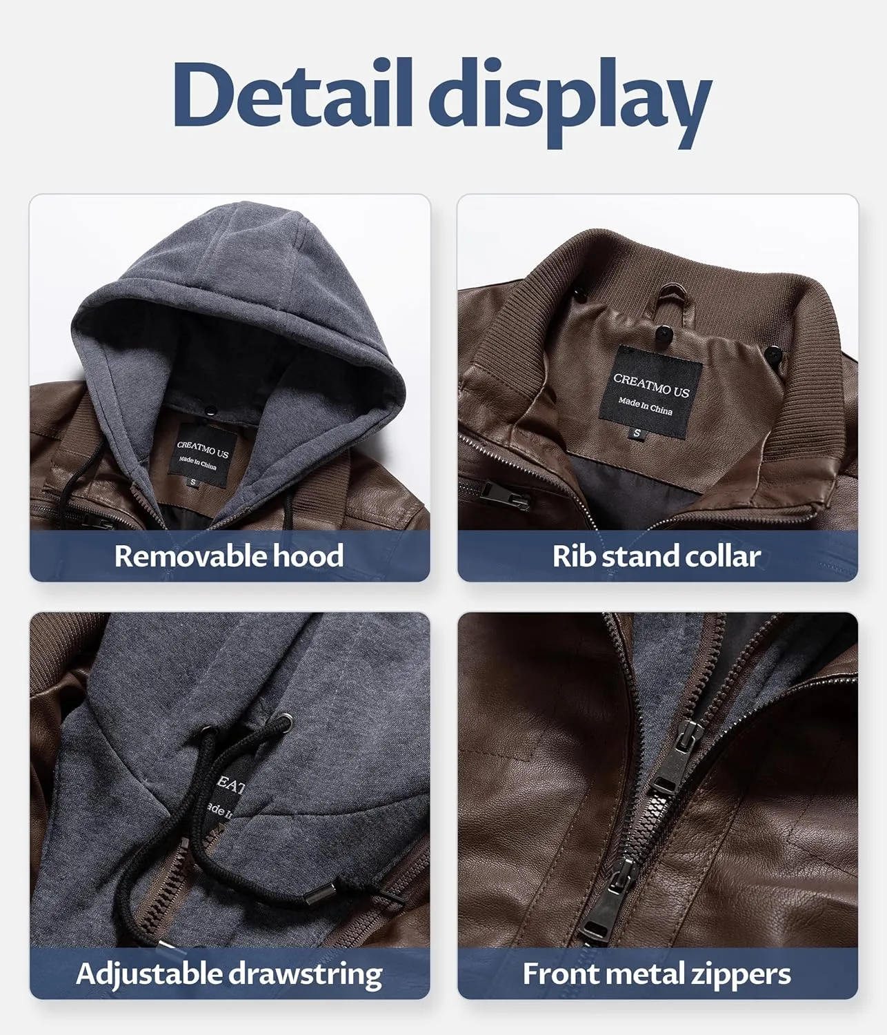 CREATMO US Women's Faux Leather Jacket Waterproof Motorcycle Bomber Jacket Vintage PU Moto Biker Coat With Removable Hood