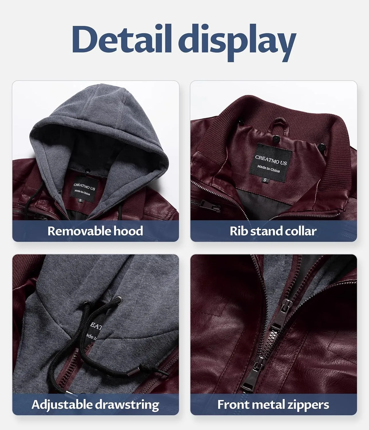 CREATMO US Women's Faux Leather Jacket Waterproof Motorcycle Bomber Jacket Vintage PU Moto Biker Coat With Removable Hood