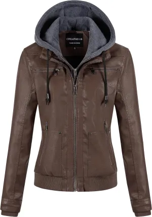 CREATMO US Women's Faux Leather Jacket Waterproof Motorcycle Bomber Jacket Vintage PU Moto Biker Coat With Removable Hood