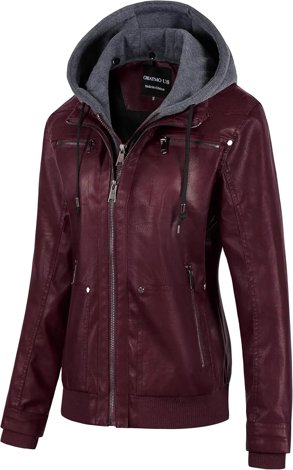 CREATMO US Women's Faux Leather Jacket Waterproof Motorcycle Bomber Jacket Vintage PU Moto Biker Coat With Removable Hood