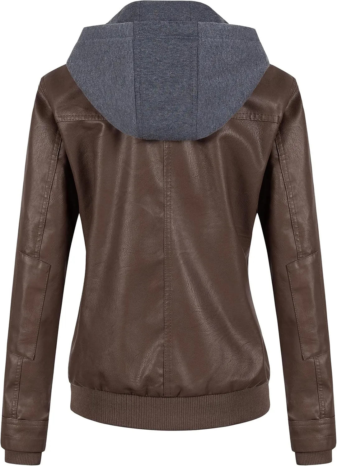 CREATMO US Women's Faux Leather Jacket Waterproof Motorcycle Bomber Jacket Vintage PU Moto Biker Coat With Removable Hood