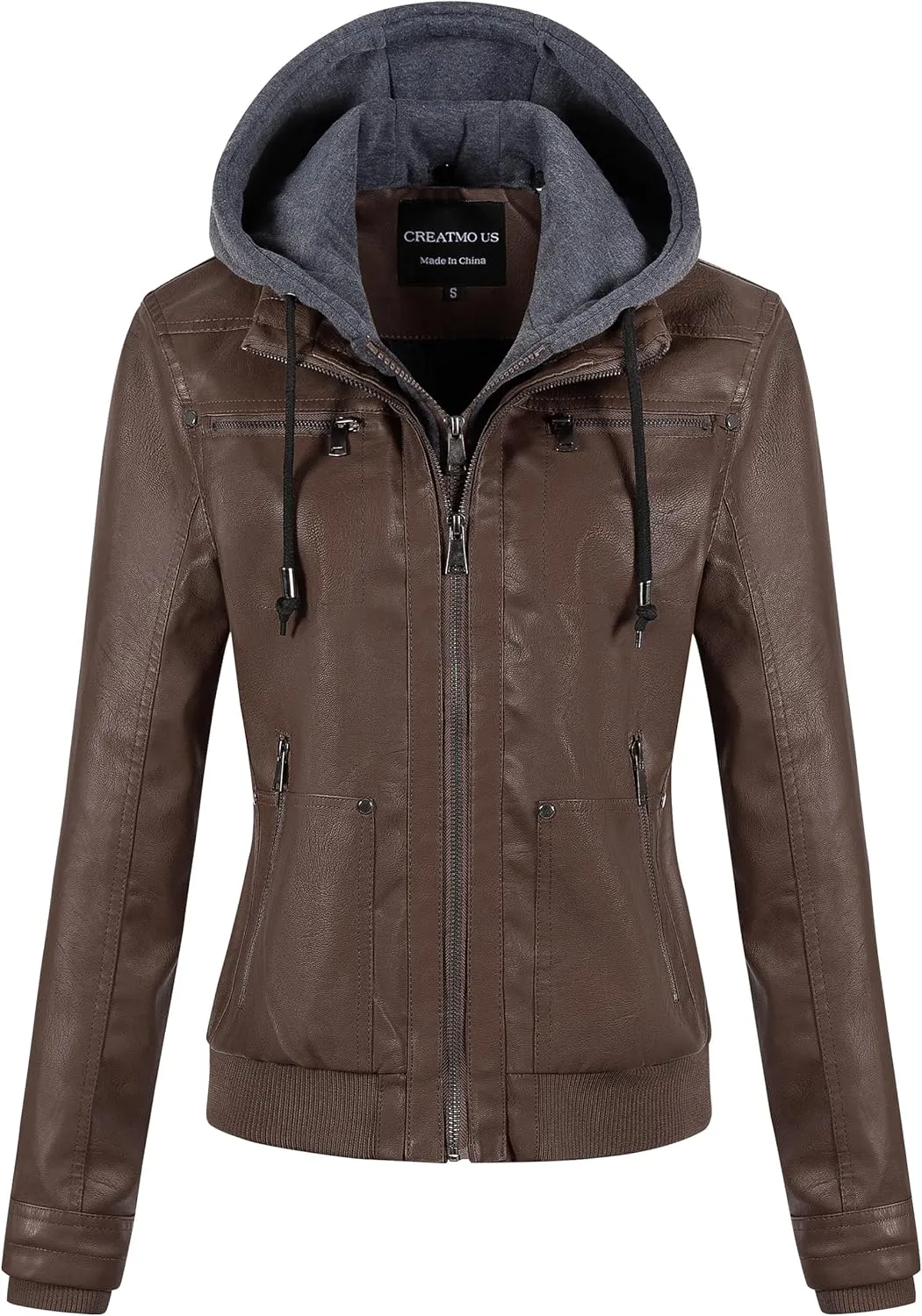 CREATMO US Women's Faux Leather Jacket Waterproof Motorcycle Bomber Jacket Vintage PU Moto Biker Coat With Removable Hood
