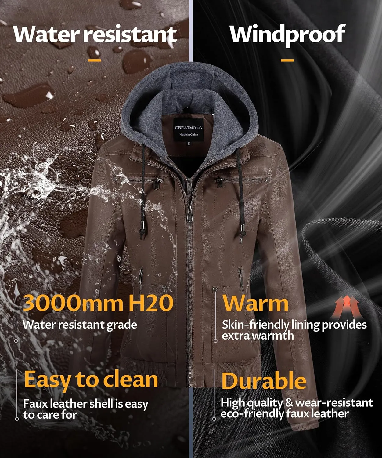 CREATMO US Women's Faux Leather Jacket Waterproof Motorcycle Bomber Jacket Vintage PU Moto Biker Coat With Removable Hood