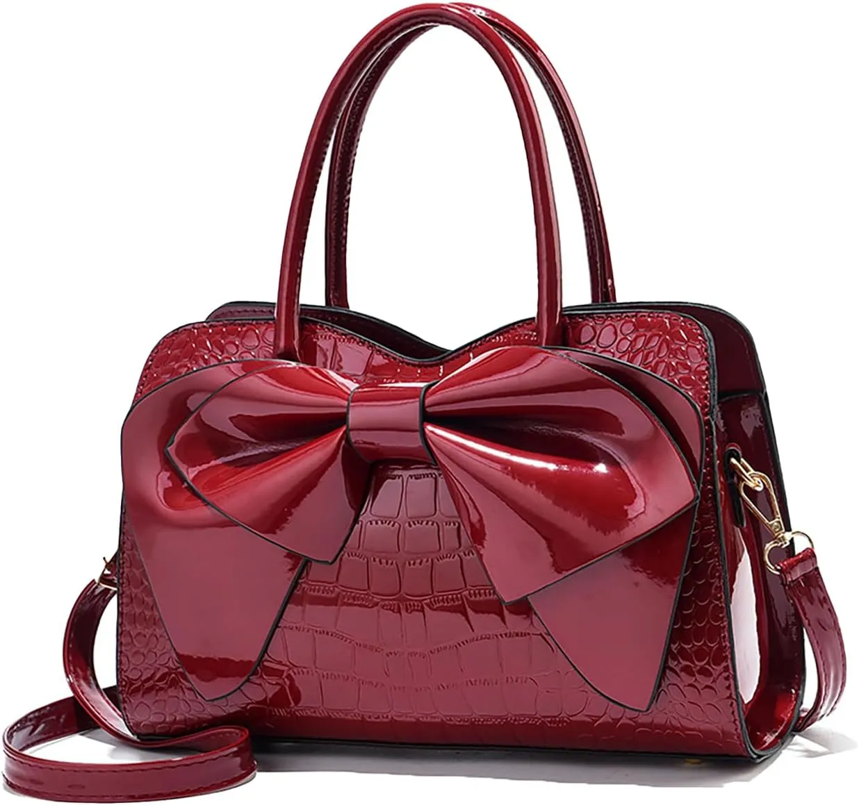Crocodile Embossed Tote Bag, Bow Design Top Handle, Zipper Closure, Evening Party Crossbody Purse