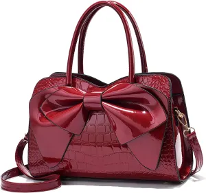 Crocodile Embossed Tote Bag, Bow Design Top Handle, Zipper Closure, Evening Party Crossbody Purse