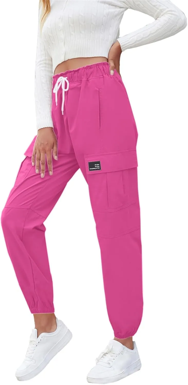 Cromoncent Girls&Womens Cargo Pants Elastic Waist Lightweight Outdoor Jogger Pants, 6 Years - XX-Large