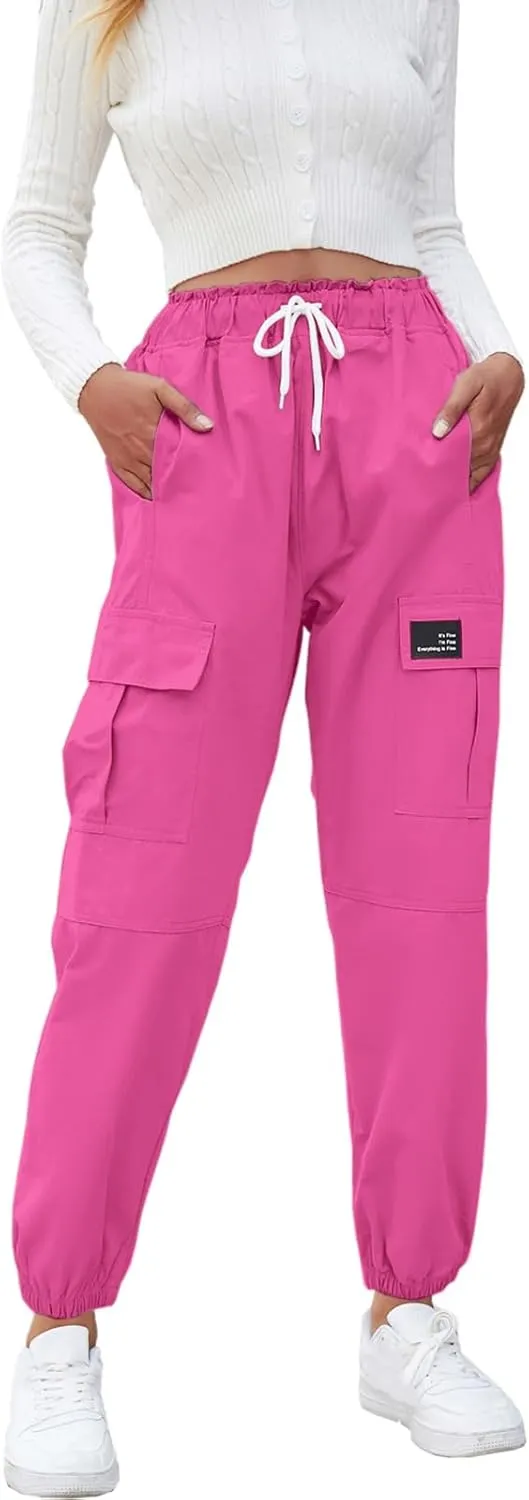 Cromoncent Girls&Womens Cargo Pants Elastic Waist Lightweight Outdoor Jogger Pants, 6 Years - XX-Large