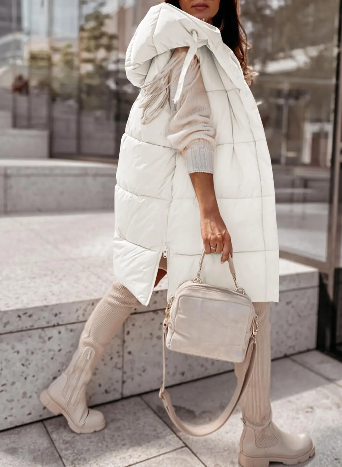 Danedvi Women's Winter Hooded Puffer Vest Side Zip up Casual Sleeveless Long Coats Jacket