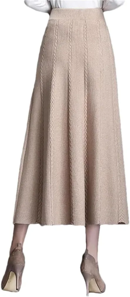 DBFBDTU Women's Knitted Skirt Elastic High Waist Solid Color Midi Skirt Office A-Line Long Skirts Female