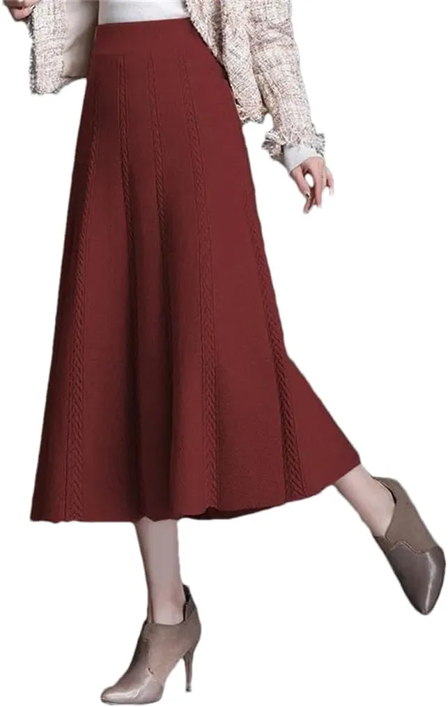 DBFBDTU Women's Knitted Skirt Elastic High Waist Solid Color Midi Skirt Office A-Line Long Skirts Female