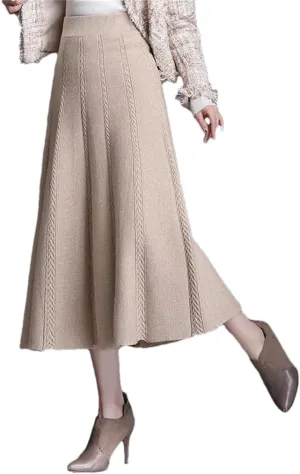 DBFBDTU Women's Knitted Skirt Elastic High Waist Solid Color Midi Skirt Office A-Line Long Skirts Female