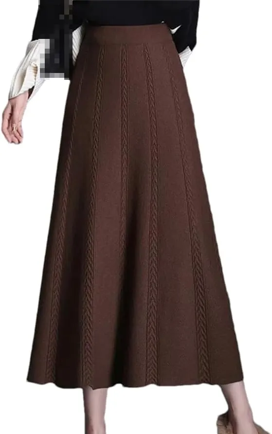 DBFBDTU Women's Knitted Skirt Elastic High Waist Solid Color Midi Skirt Office A-Line Long Skirts Female