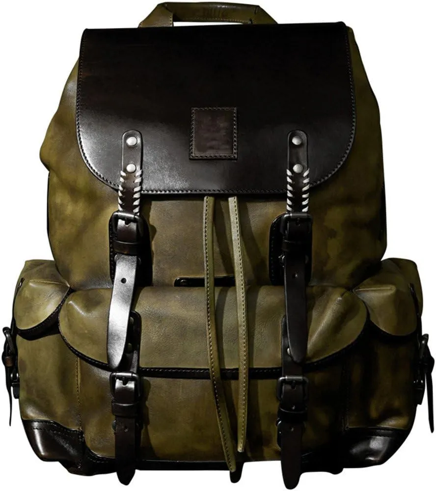 Denny&Dora Genuine Leather Backpack Luxury Vintage Laptop Bag Multi Pockets Bookbag Mens Casual Travel Daypack Large Capacity (Green)