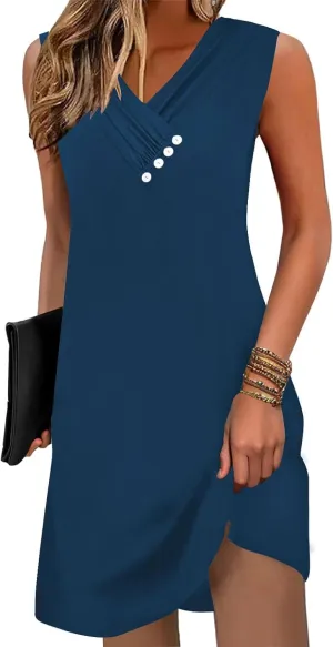 Disamer Summer Dresses for Women 2025 Vacation Sundresses Beach Coverups Tunic Sleeveless V Neck Button Down Tshirt Dress