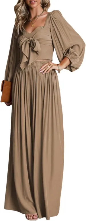 Dokotoo Two Piece Outfits for Women Heart Neck Long Sleeve Crop Tops and Wide Leg Palazzo Pants Lounge Set
