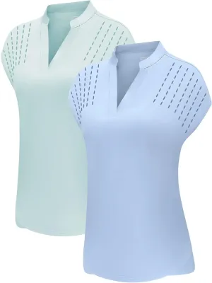 DOTIN Womens 2 Pack Golf Polo Shirts Short Sleeve V Neck Collared Quick Dry Tennis Sports Shirts Workout Tops