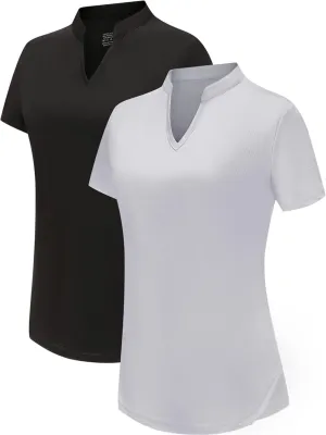 DOTIN Women's 2 Pack V-Neck Golf Polo Shirts Short Sleeve Collarless Quick Dry Sport T-Shirts Workout Tops