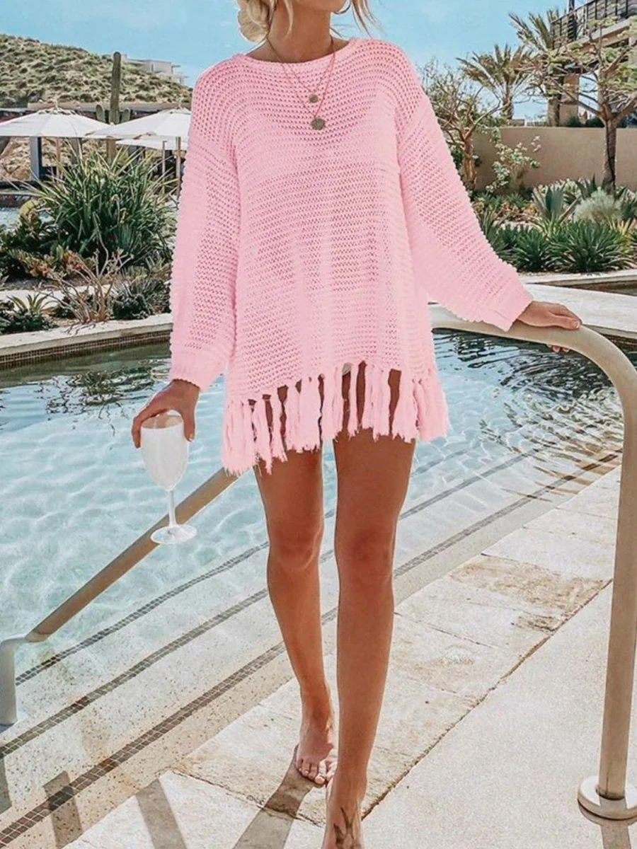 Double Take Tassel Long Sleeve Knit Cover Up