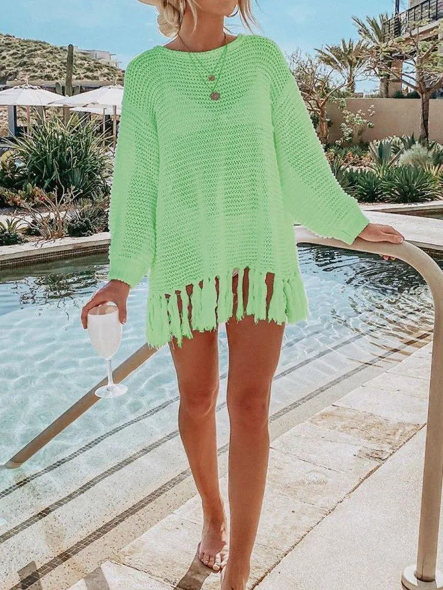 Double Take Tassel Long Sleeve Knit Cover Up