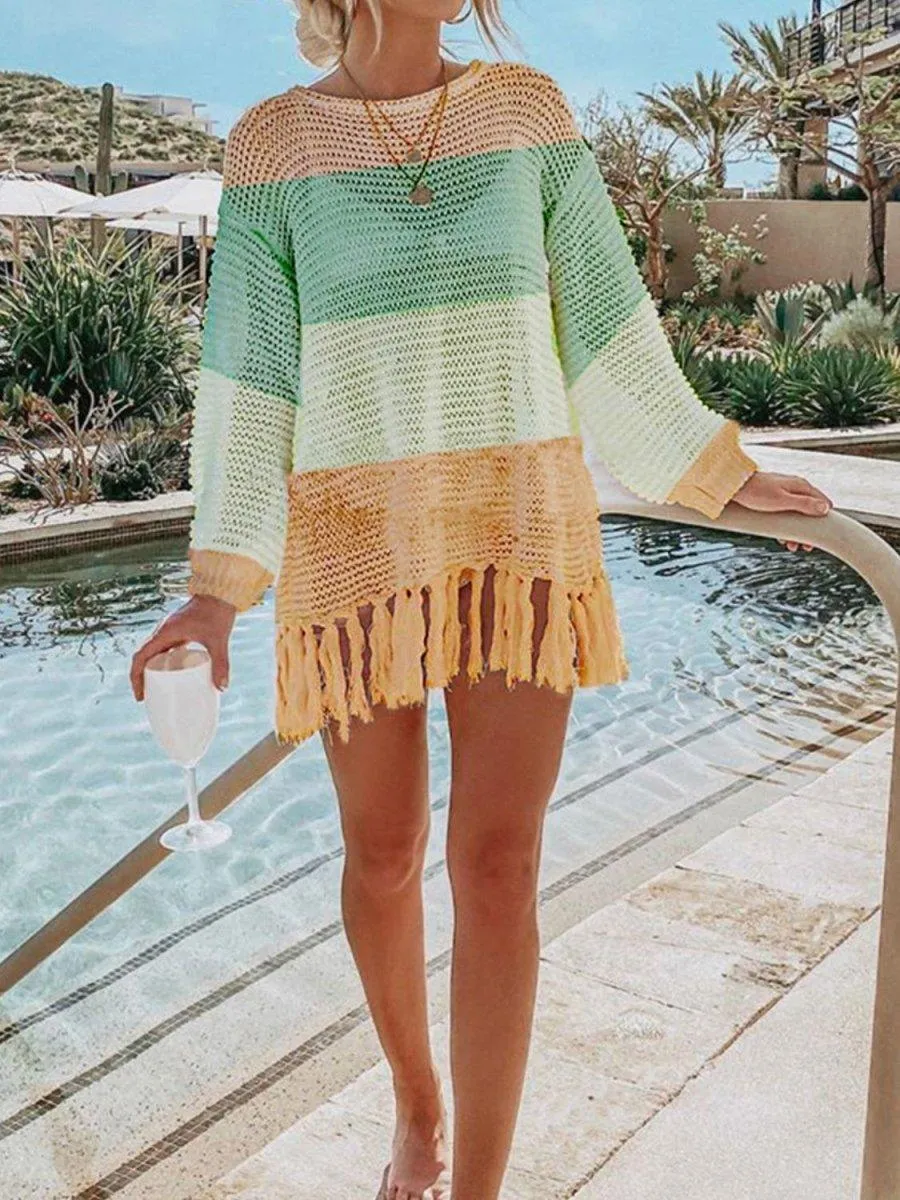 Double Take Tassel Long Sleeve Knit Cover Up