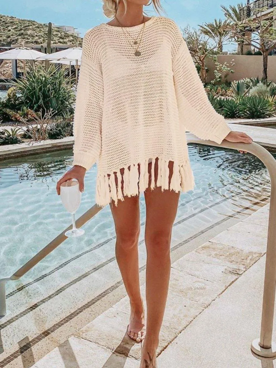 Double Take Tassel Long Sleeve Knit Cover Up