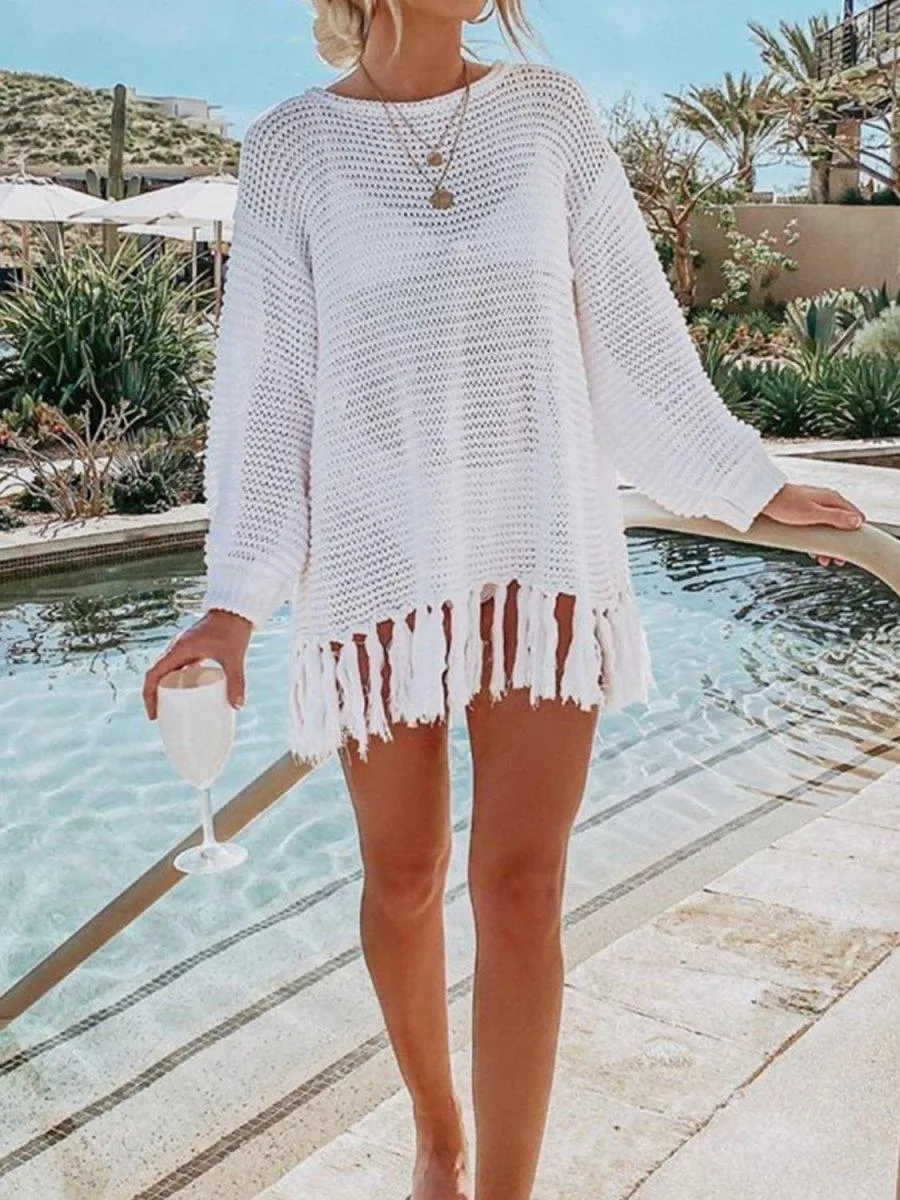 Double Take Tassel Long Sleeve Knit Cover Up