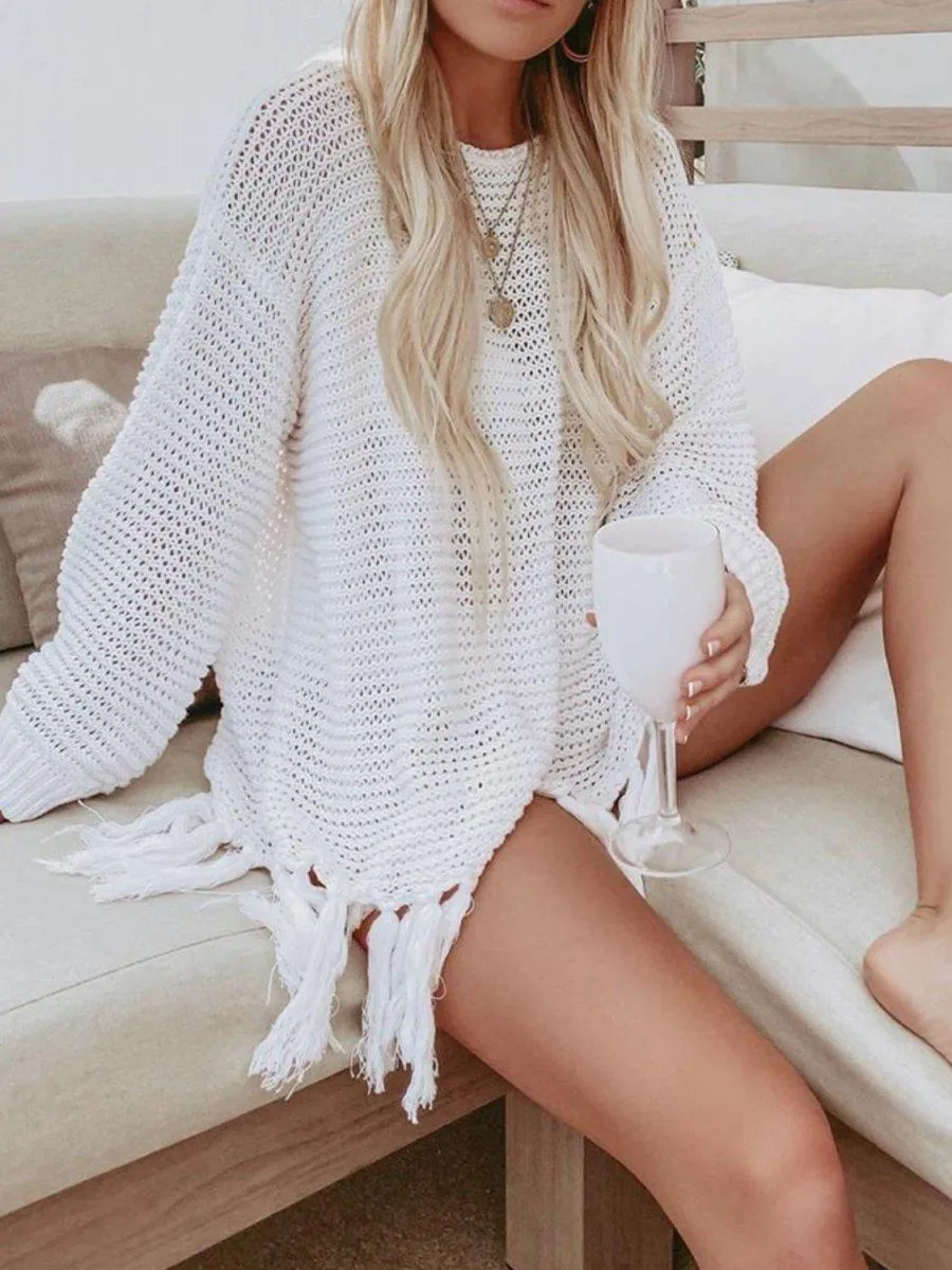 Double Take Tassel Long Sleeve Knit Cover Up