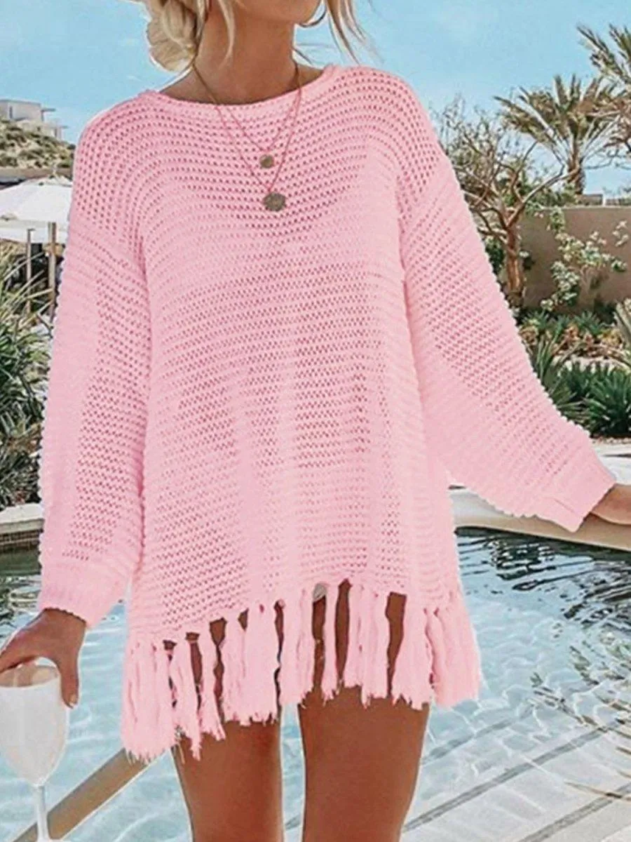 Double Take Tassel Long Sleeve Knit Cover Up
