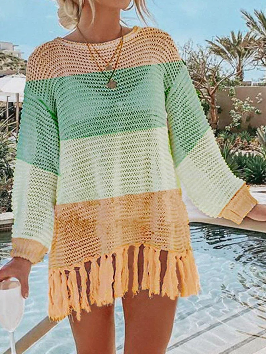Double Take Tassel Long Sleeve Knit Cover Up