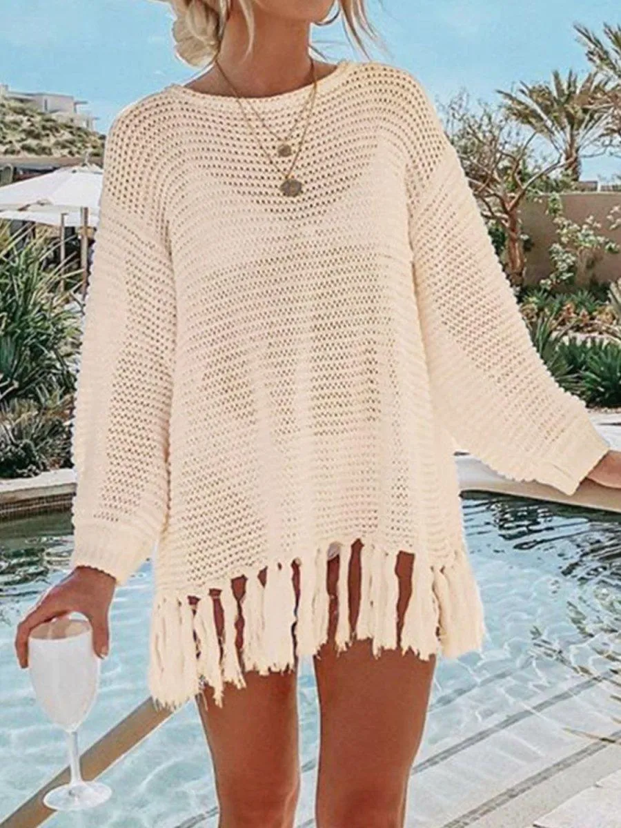 Double Take Tassel Long Sleeve Knit Cover Up