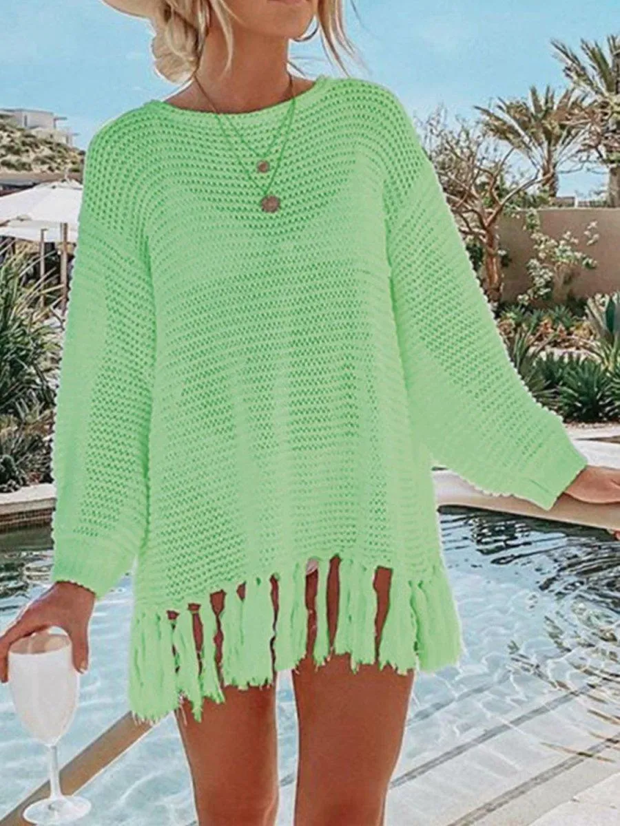 Double Take Tassel Long Sleeve Knit Cover Up