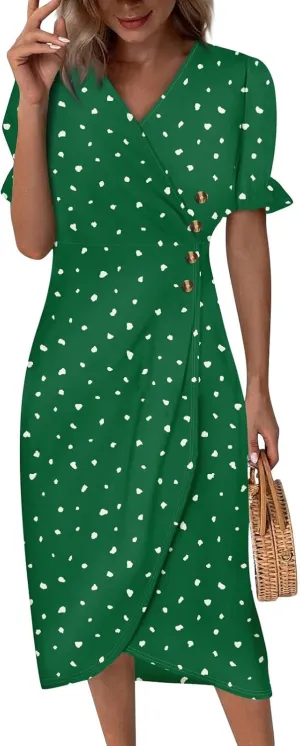 Dresses for Women Summer Boho Floral Print V Neck Maxi Wrap Dress Ruffle A-Line Flowy Maxi Wedding Guest Dresses