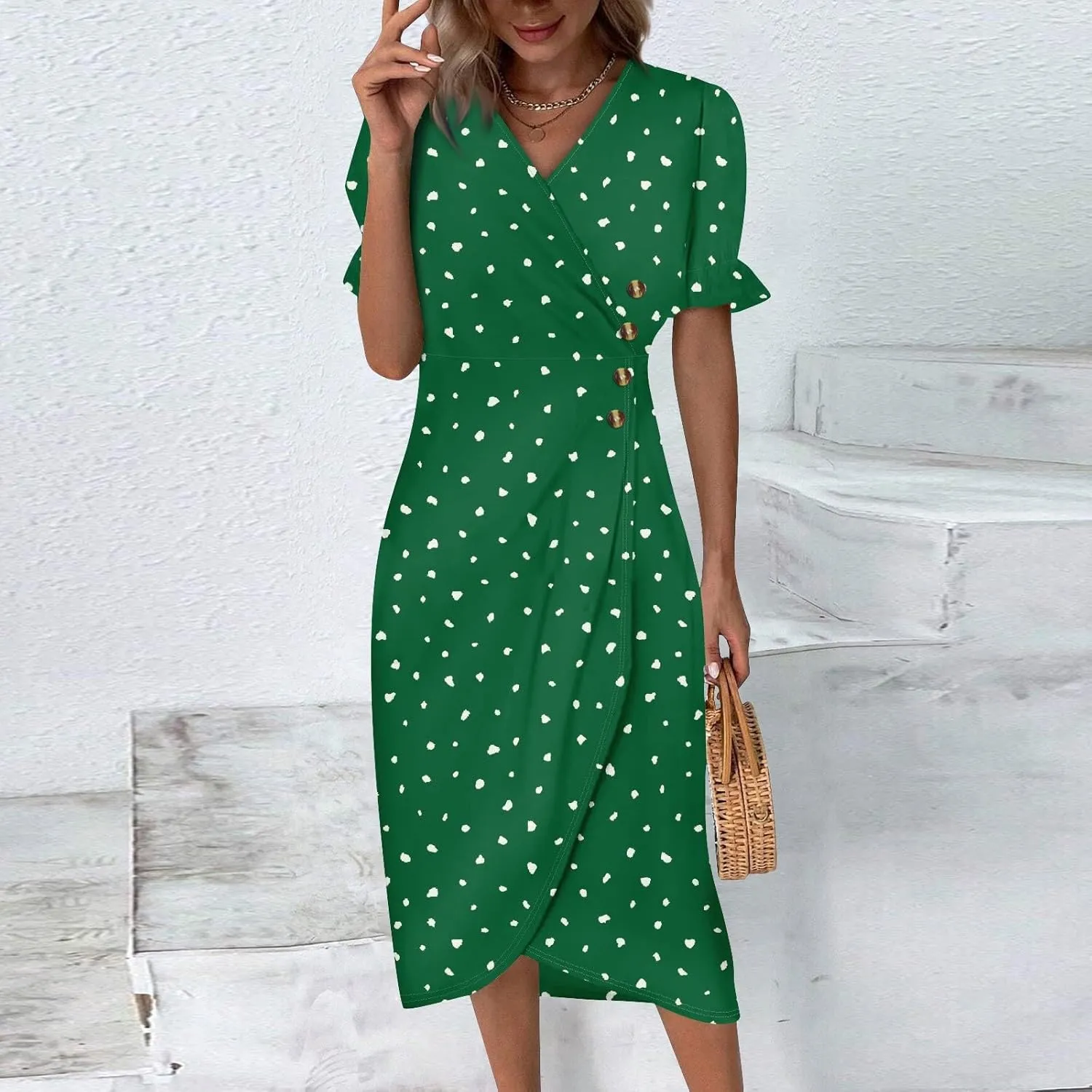 Dresses for Women Summer Boho Floral Print V Neck Maxi Wrap Dress Ruffle A-Line Flowy Maxi Wedding Guest Dresses