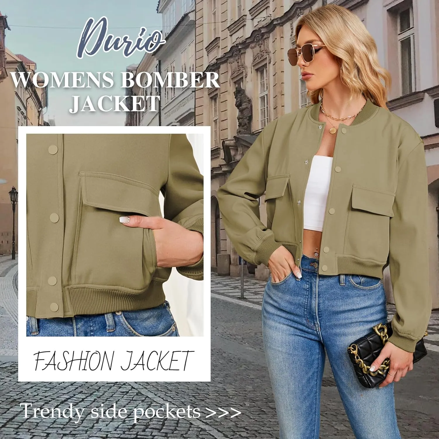 Durio Womens Bomber Jacket Fashion Short Cropped Jacket Casual Jackets for Women Varsity Jacket with Pockets Spring Fall