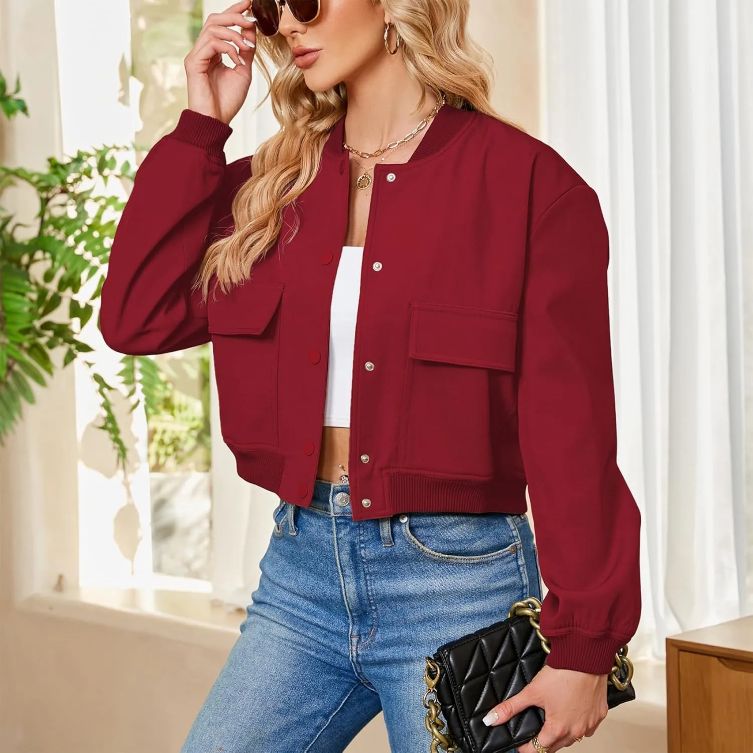 Durio Womens Bomber Jacket Fashion Short Cropped Jacket Casual Jackets for Women Varsity Jacket with Pockets Spring Fall