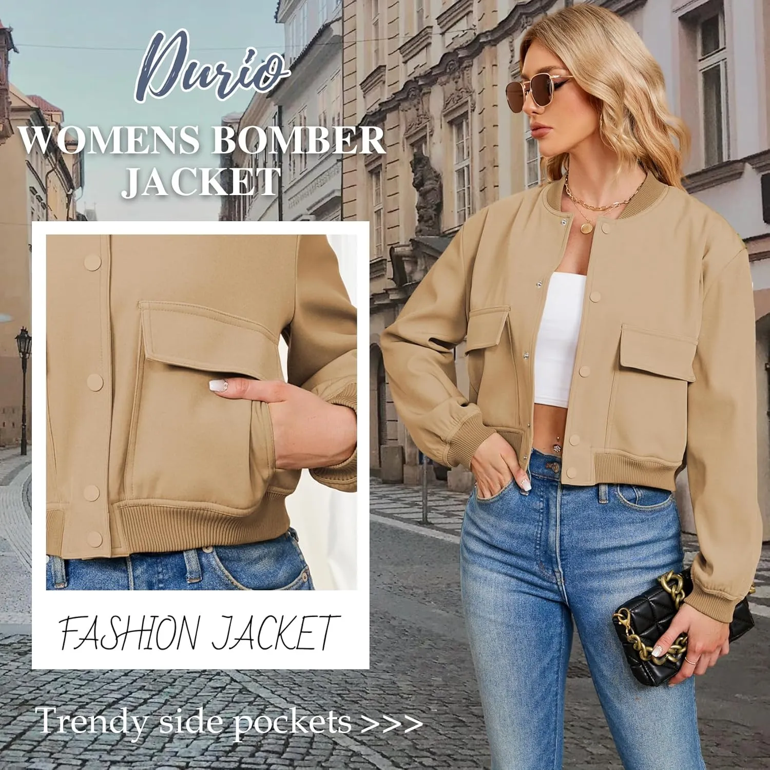 Durio Womens Bomber Jacket Fashion Short Cropped Jacket Casual Jackets for Women Varsity Jacket with Pockets Spring Fall