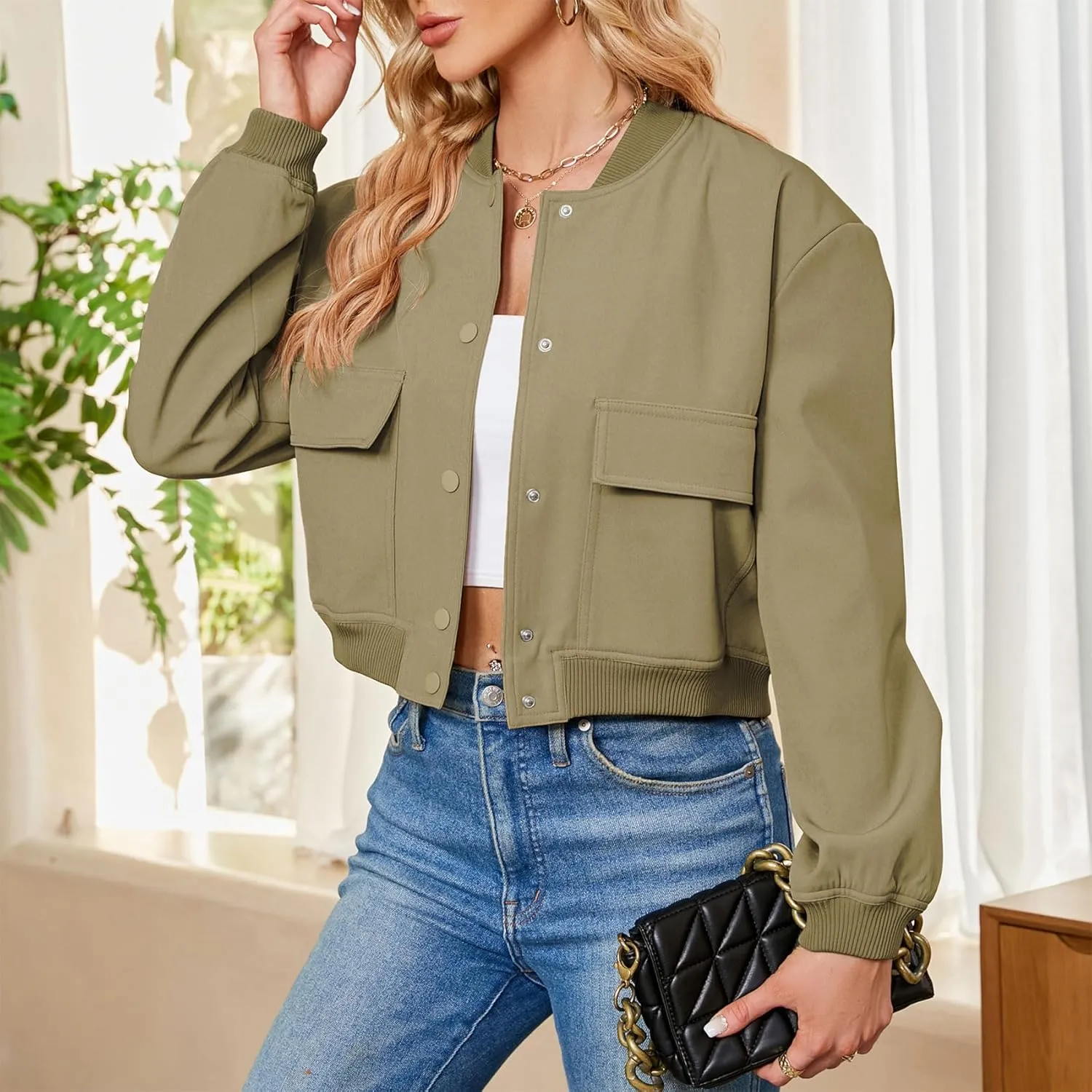 Durio Womens Bomber Jacket Fashion Short Cropped Jacket Casual Jackets for Women Varsity Jacket with Pockets Spring Fall
